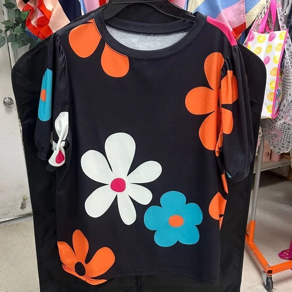 Floral Short Sleeve Tee - Black, Orange, Blue